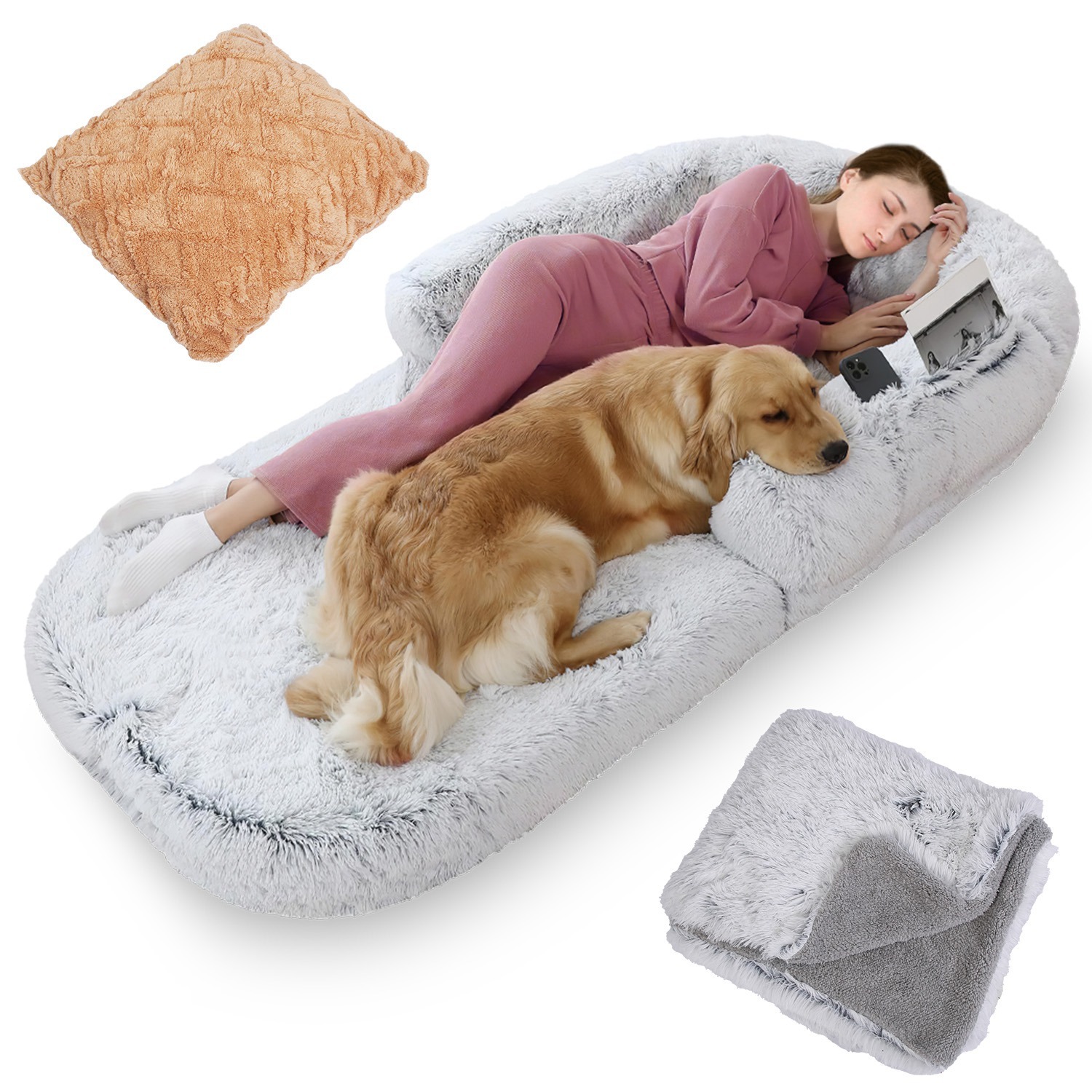 1Pc Large Foldable Human Size Dog Bed With Pillow Blanket Flurry Plush Napping Human-Sized Dog Bed Machine Washable Zipped Removable Cover For Pets Kids Adults Grey 71x45x10in - Imagen 10