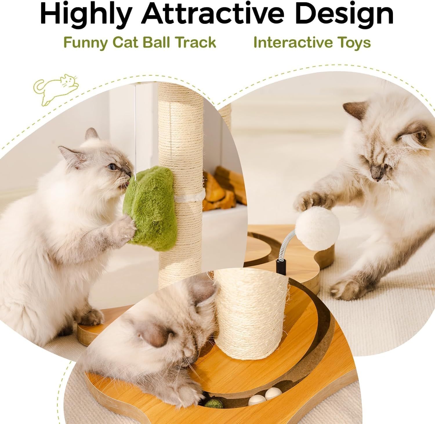 Mewoo Cat Scratching Post & Bed - 2-in-1 Small Cat Tower With Sisal Scratcher And Ball Track Toys Green, Medium - Imagen 8