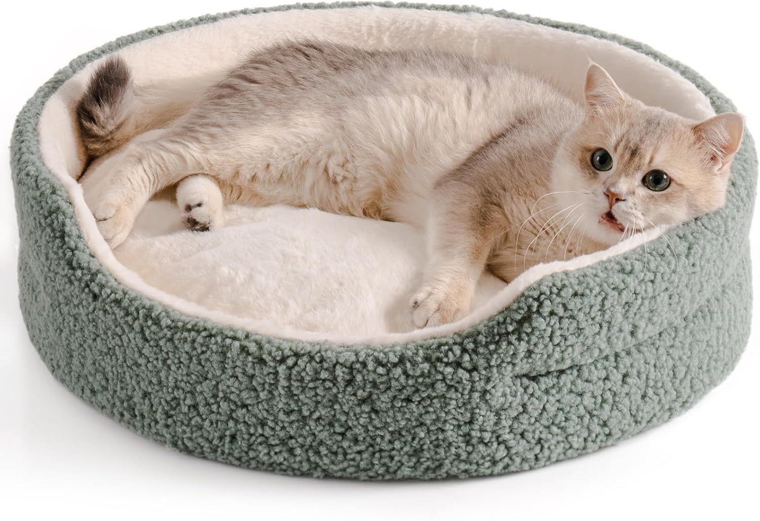 Mewoo Washable Pet Bed For Cats & Small Dogs - 23x23x7 Inch Round Orthopedic Bed With Non-Slip Bottom, Plush Indoor Cat Bed For Kittens & Puppies, Sage Green - Imagen 3