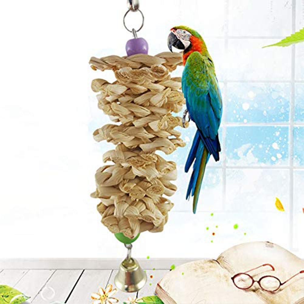 Bird Parrot Toy With Bell Natural Wooden Grass Bite Hanging Cage - Imagen 4