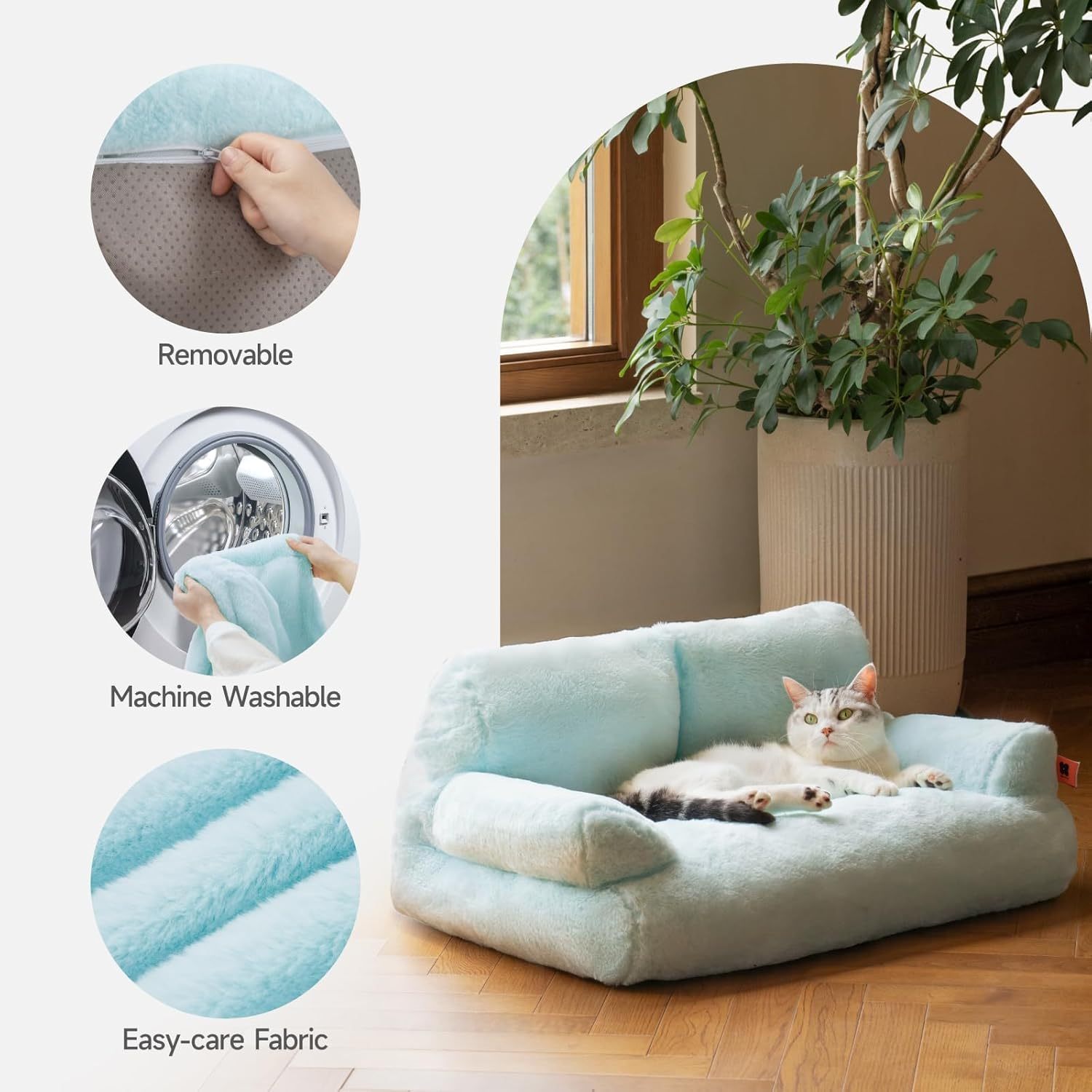 MEWOOFUN Plush Cat Bed For Indoor Cats - Washable 26x19x13 Inch Pet Couch With Non-Slip Bottom, Fluffy Small Dog Bed For Puppies & Kittens, Blue - Imagen 4
