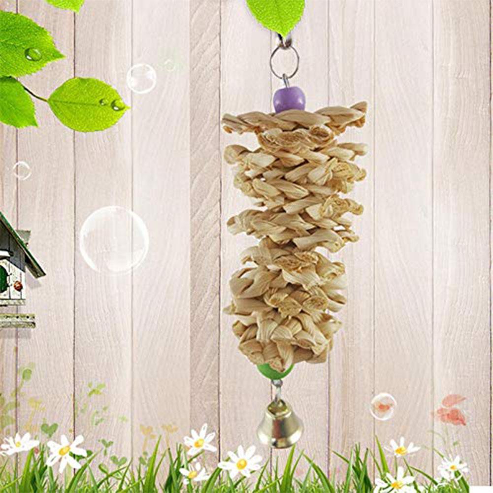 Bird Parrot Toy With Bell Natural Wooden Grass Bite Hanging Cage - Imagen 6