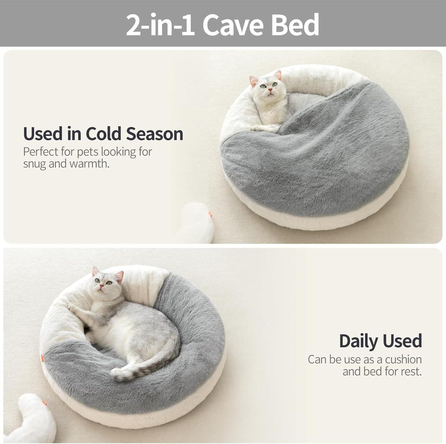 MEWOOFUN Enclosed Cat Bed Cave - Washable Pet Bed With Blanket & Non-Slip Base For Cats & Small Dogs 22'' X 22'', White - Imagen 5