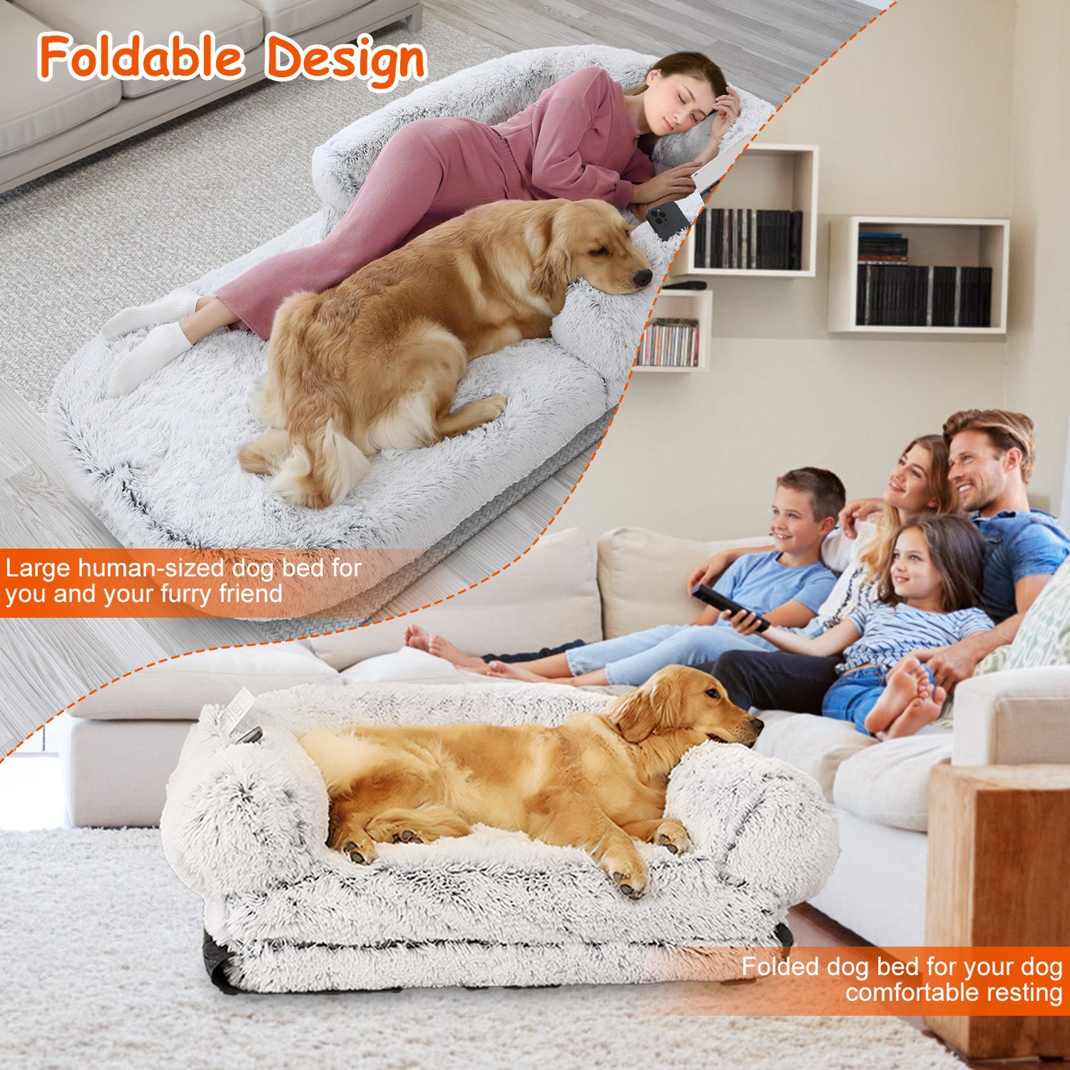 1Pc Large Foldable Human Size Dog Bed With Pillow Blanket Flurry Plush Napping Human-Sized Dog Bed Machine Washable Zipped Removable Cover For Pets Kids Adults Grey 71x45x10in - Imagen 2