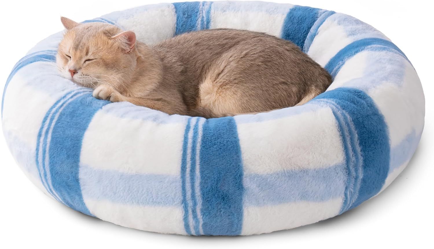 MEWOOFUN Plush Round Cat Bed For Indoor Cats - Calming Washable Pet Bed With Non-Slip Bottom, Soft Fluffy Dog Bed For Puppy & Kitten, 23 Inch Blue Striped - Imagen 5