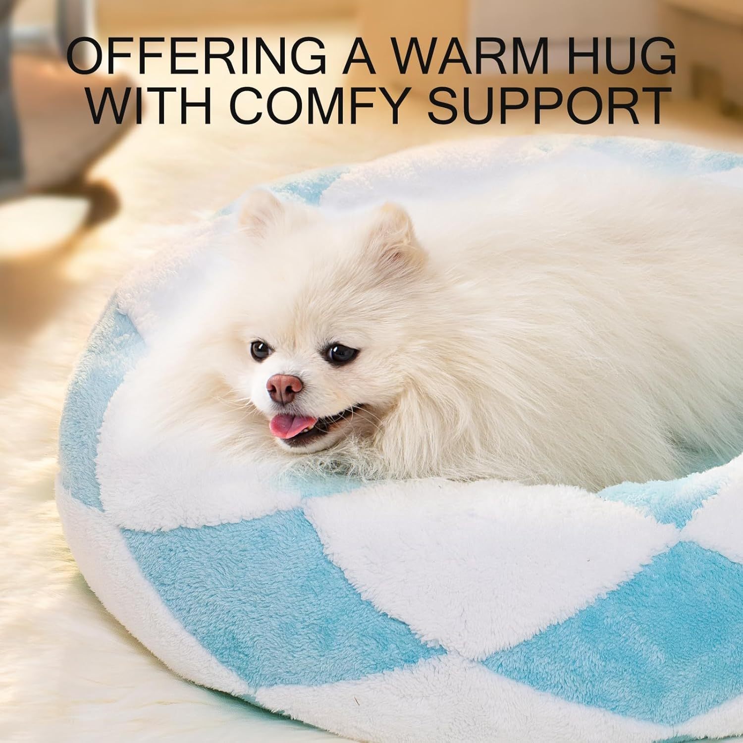 MEWOOFUN Donut Cat Bed For Indoor Cats - Round Washable Plush Pet Bed With Jacquard Shaggy Fabric & Non-Slip Bottom, Calming Small Dog Bed For Puppy & Kitten, 23 Inch Blue Check - Imagen 5