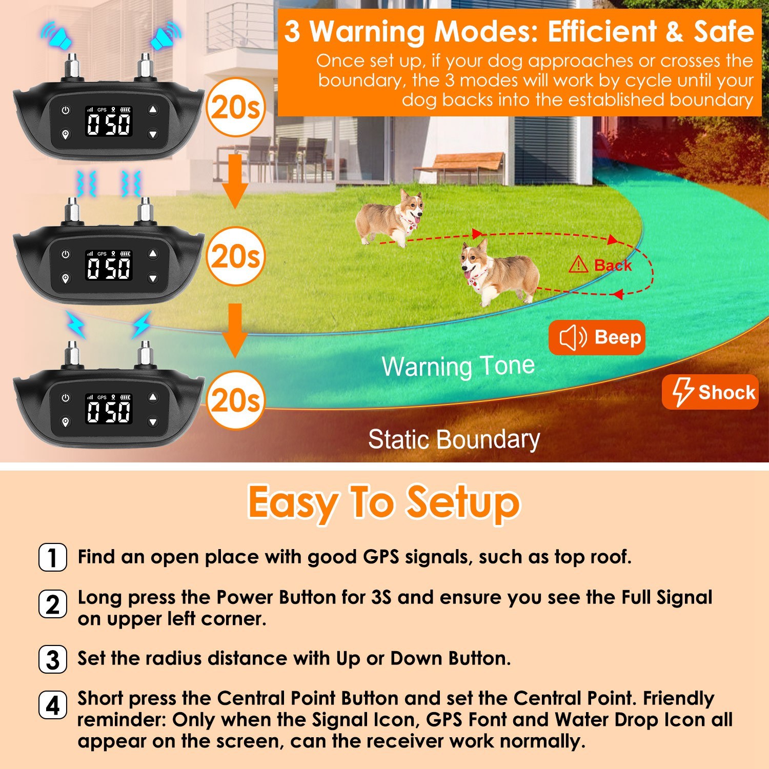 2 In 1 Dog GPS Fence Tracker Wireless GPS Dog Fence GPS Dog Collar With 32-2887FT Radius IPX6 Waterproof For Small Medium Large Dogs - Imagen 2