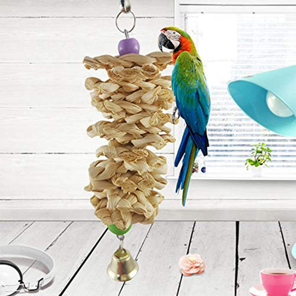 Bird Parrot Toy With Bell Natural Wooden Grass Bite Hanging Cage - Imagen 5