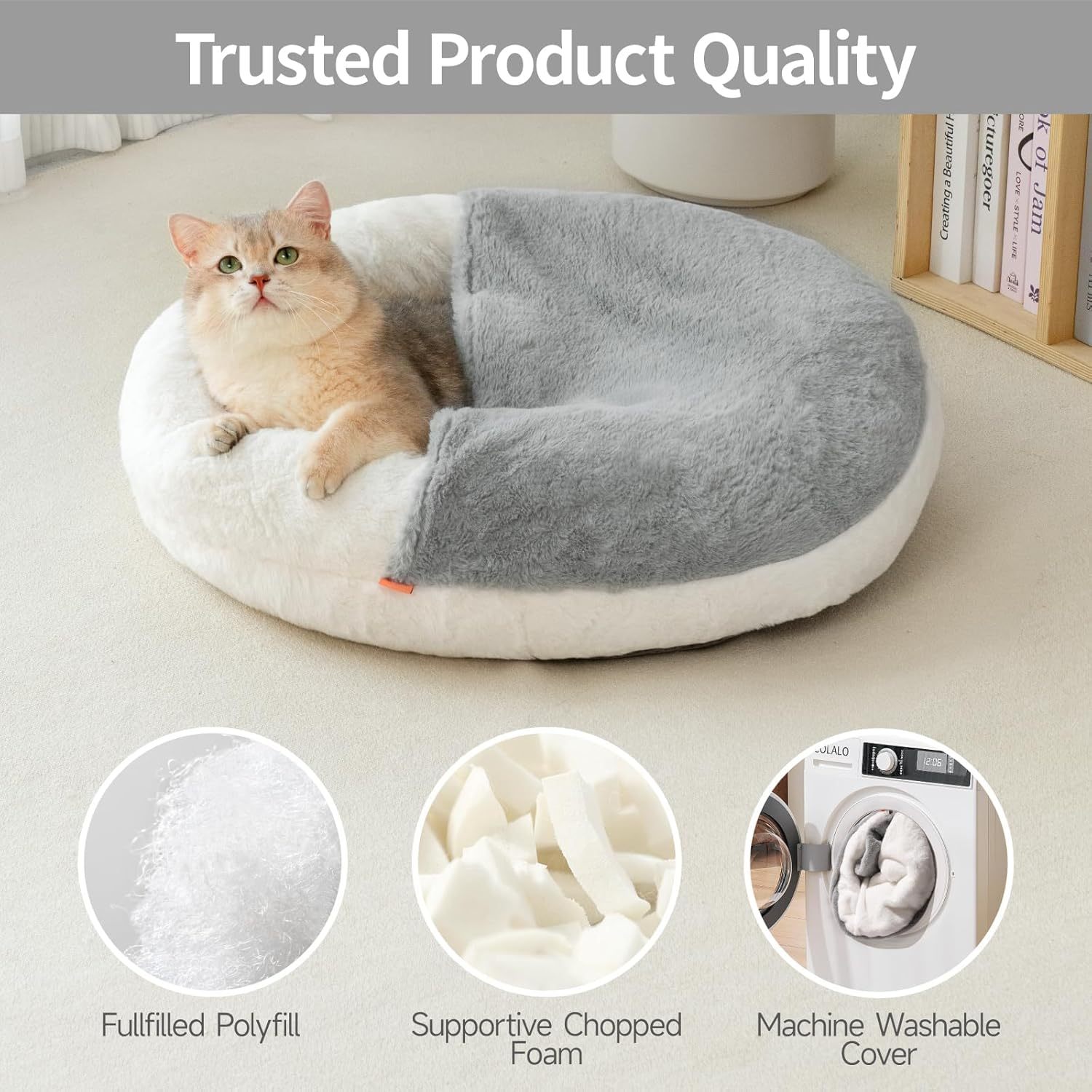 MEWOOFUN Enclosed Cat Bed Cave - Washable Pet Bed With Blanket & Non-Slip Base For Cats & Small Dogs 22'' X 22'', White - Imagen 7