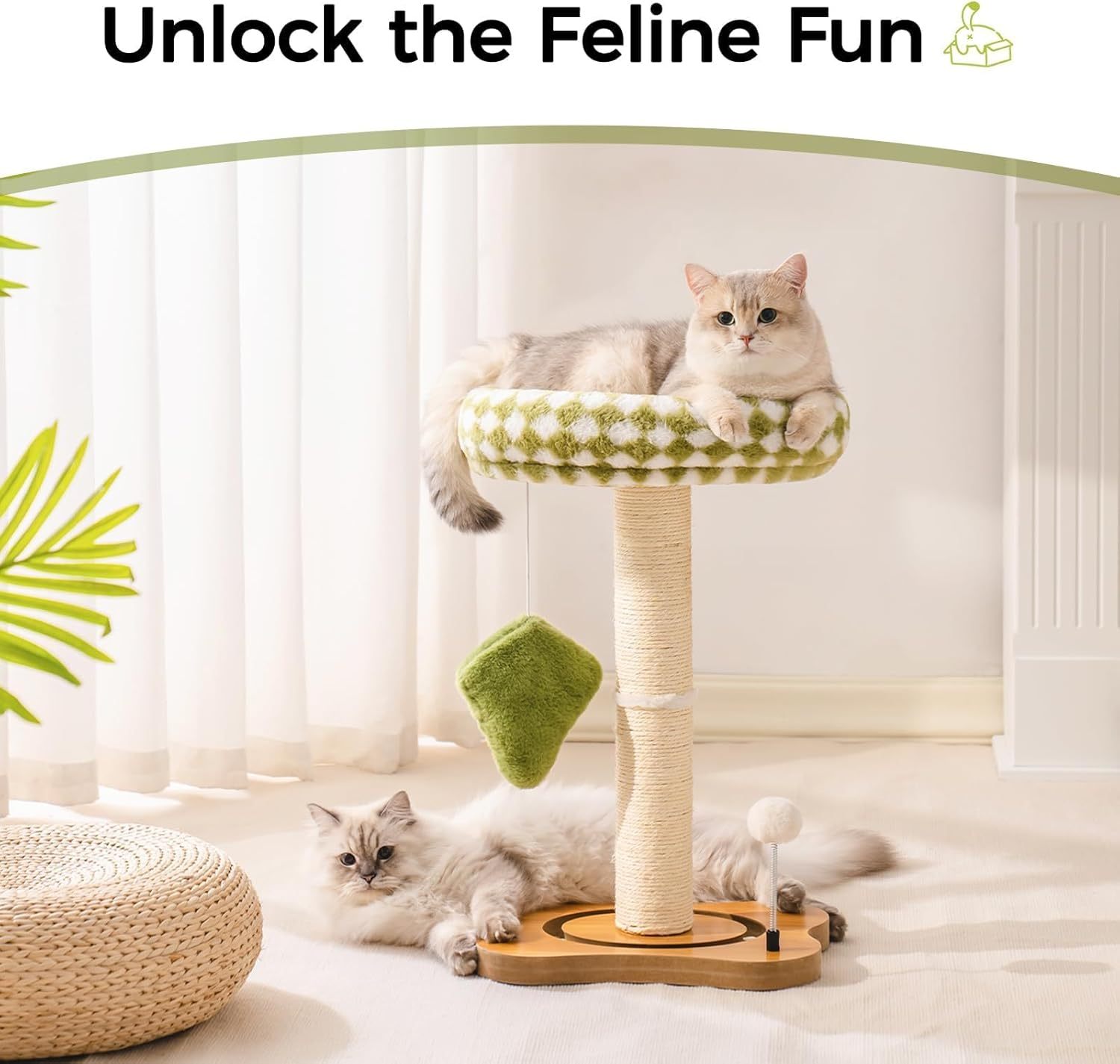 Mewoo Cat Scratching Post & Bed - 2-in-1 Small Cat Tower With Sisal Scratcher And Ball Track Toys Green, Medium - Imagen 4