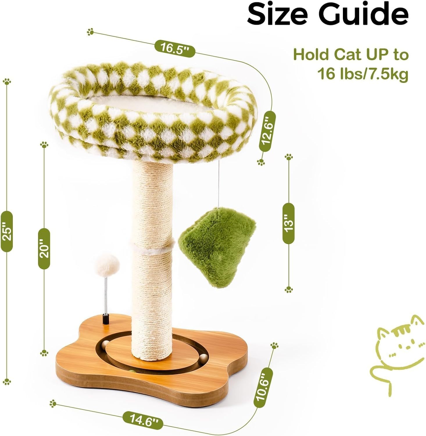 Mewoo Cat Scratching Post & Bed - 2-in-1 Small Cat Tower With Sisal Scratcher And Ball Track Toys Green, Medium - Imagen 3