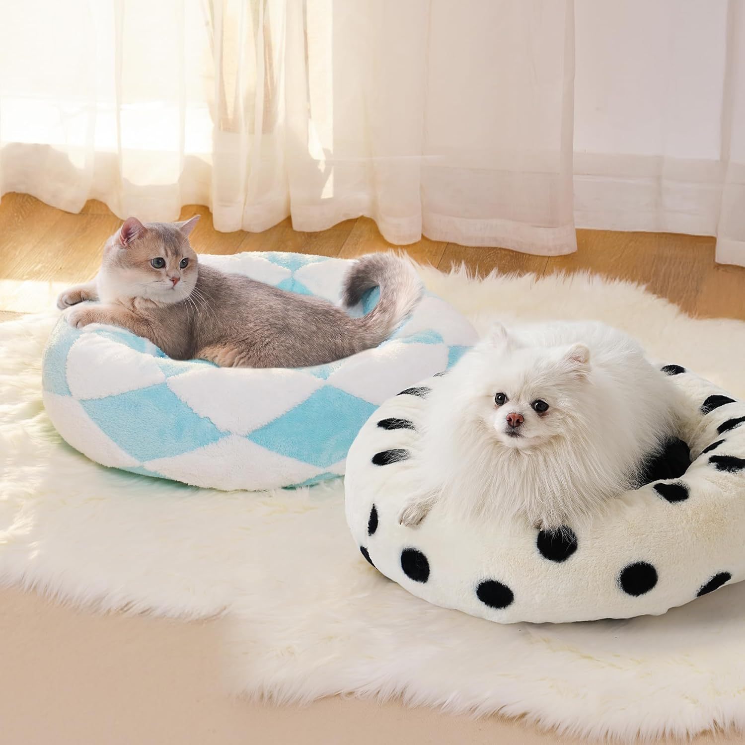 MEWOOFUN Donut Cat Bed For Indoor Cats - Round Washable Plush Pet Bed With Jacquard Shaggy Fabric & Non-Slip Bottom, Calming Small Dog Bed For Puppy & Kitten, 23 Inch Blue Check - Imagen 8