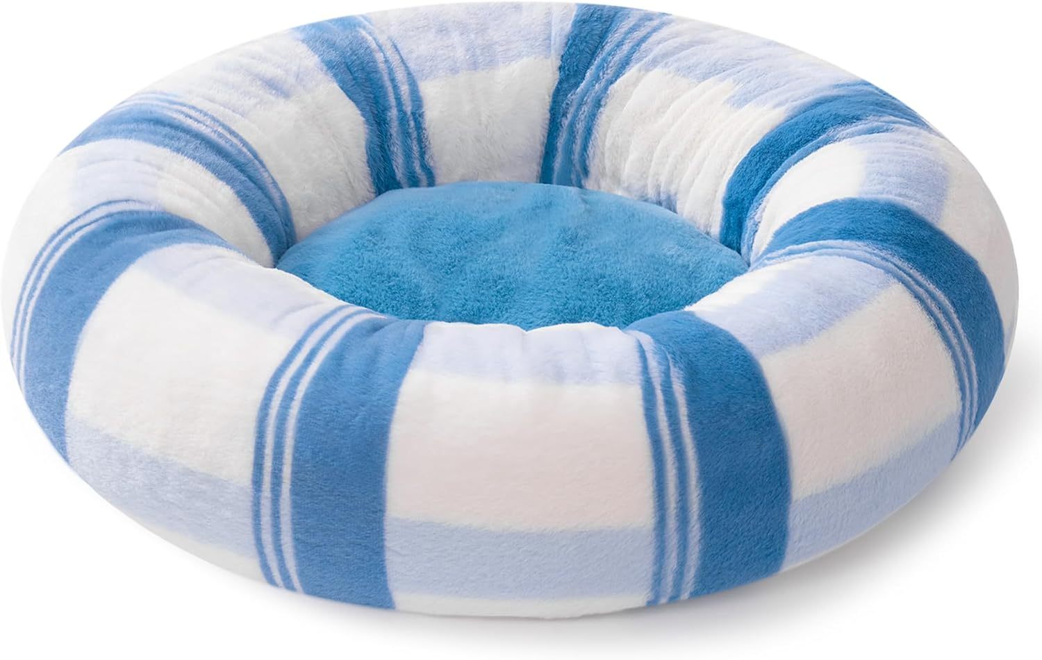 MEWOOFUN Plush Round Cat Bed For Indoor Cats - Calming Washable Pet Bed With Non-Slip Bottom, Soft Fluffy Dog Bed For Puppy & Kitten, 23 Inch Blue Striped - Imagen 4