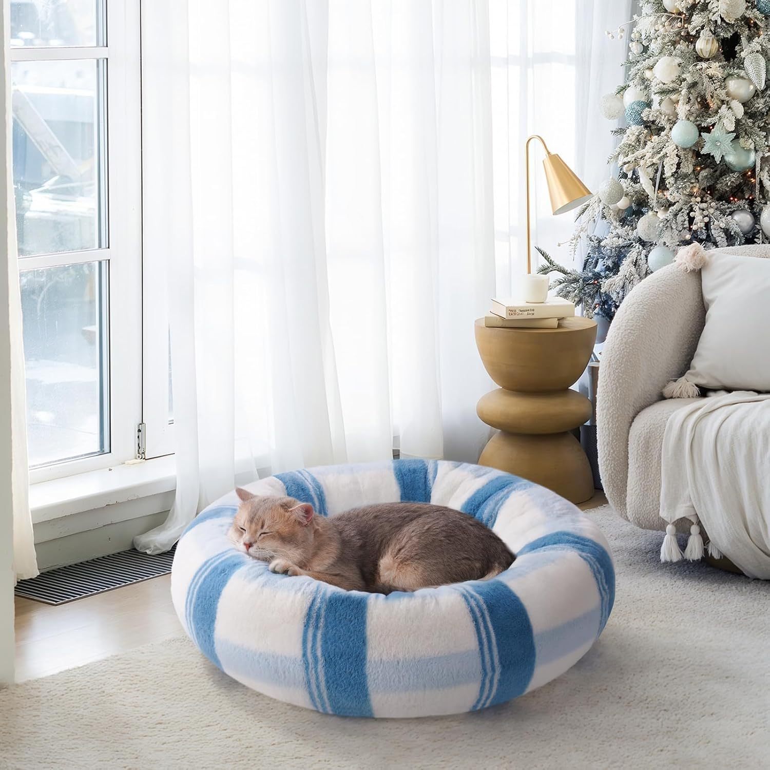 MEWOOFUN Plush Round Cat Bed For Indoor Cats - Calming Washable Pet Bed With Non-Slip Bottom, Soft Fluffy Dog Bed For Puppy & Kitten, 23 Inch Blue Striped - Imagen 3