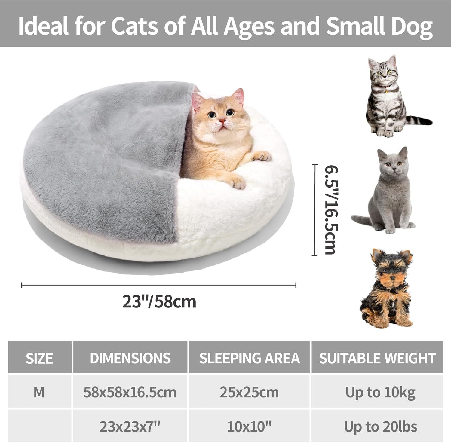 MEWOOFUN Enclosed Cat Bed Cave - Washable Pet Bed With Blanket & Non-Slip Base For Cats & Small Dogs 22'' X 22'', White - Imagen 3