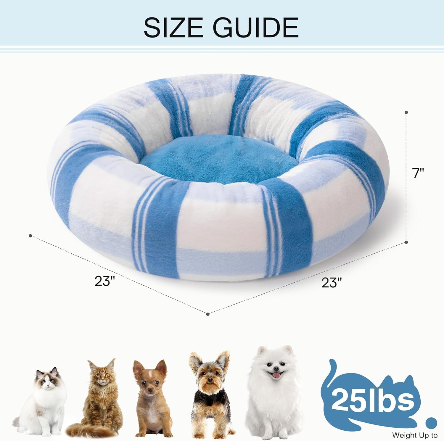 MEWOOFUN Plush Round Cat Bed For Indoor Cats - Calming Washable Pet Bed With Non-Slip Bottom, Soft Fluffy Dog Bed For Puppy & Kitten, 23 Inch Blue Striped - Imagen 2