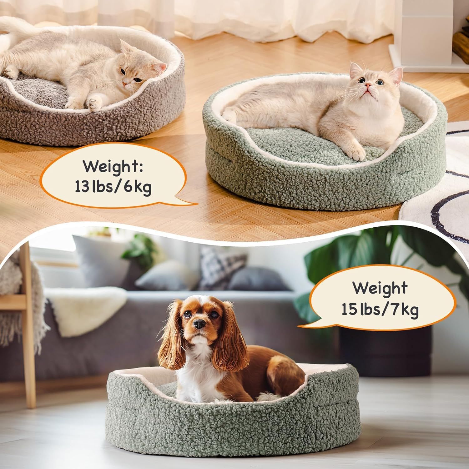 Mewoo Washable Pet Bed For Cats & Small Dogs - 23x23x7 Inch Round Orthopedic Bed With Non-Slip Bottom, Plush Indoor Cat Bed For Kittens & Puppies, Sage Green - Imagen 5