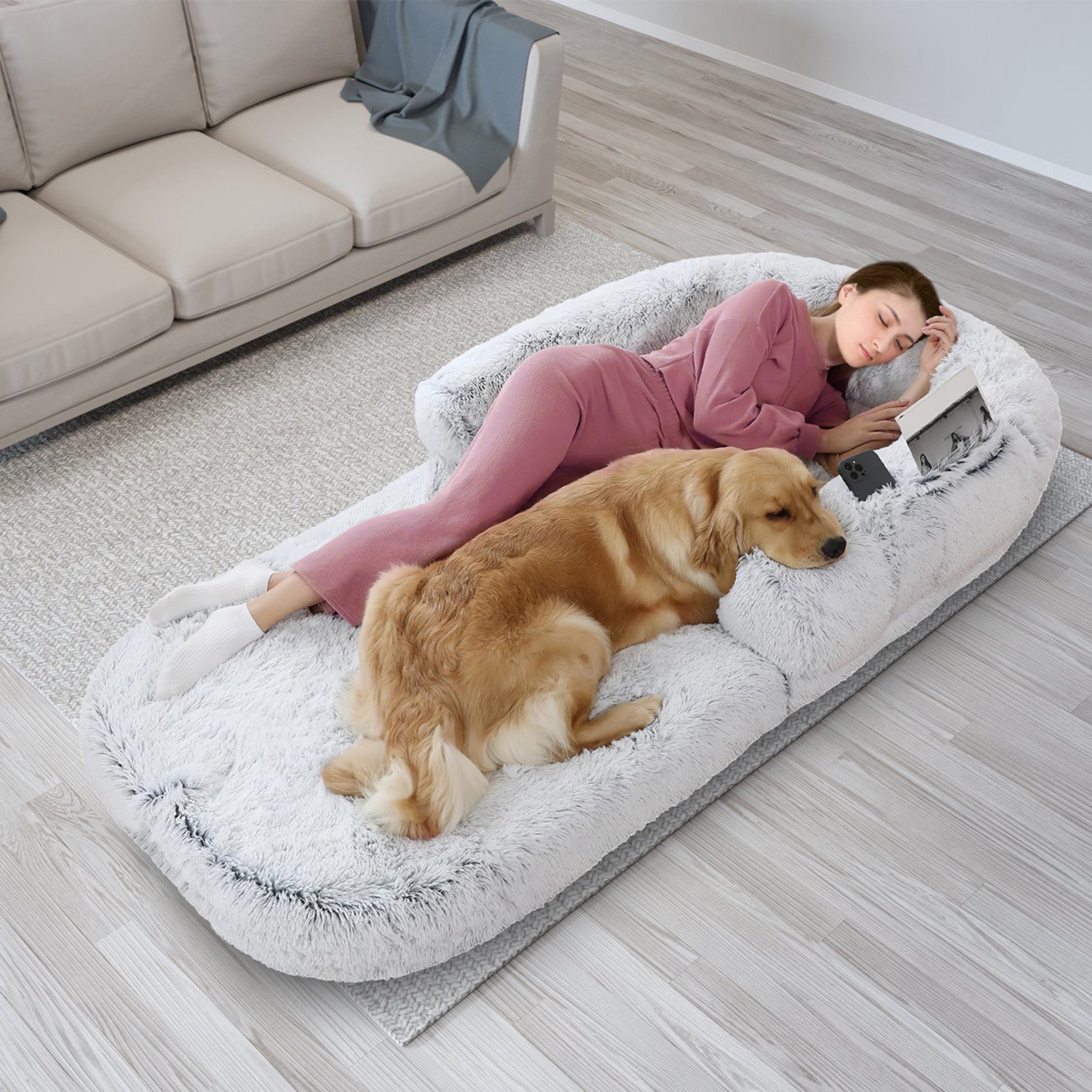 1Pc Large Foldable Human Size Dog Bed With Pillow Blanket Flurry Plush Napping Human-Sized Dog Bed Machine Washable Zipped Removable Cover For Pets Kids Adults Grey 71x45x10in - Imagen 9