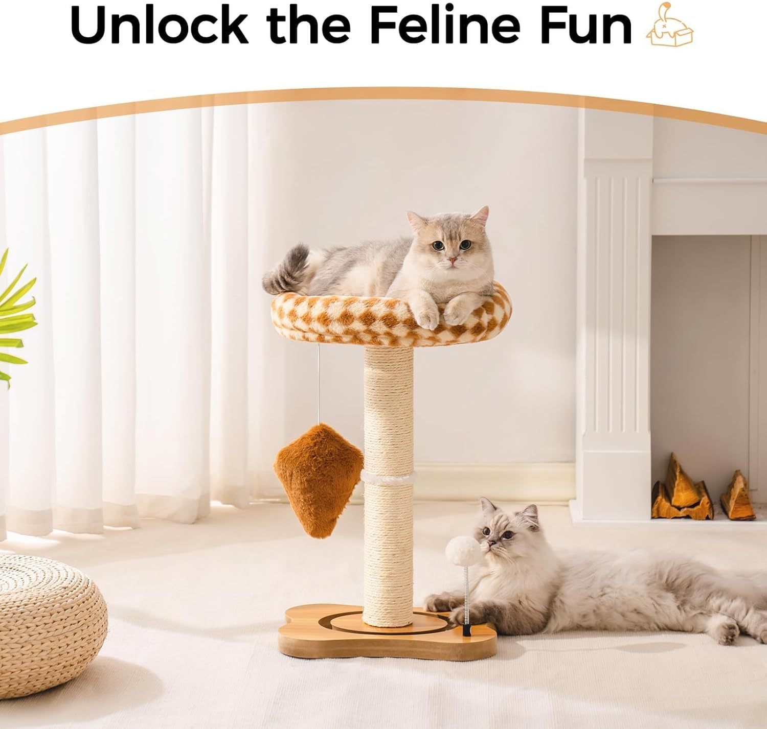 Mewoo Cat Scratching Post With Bed - Small Cat Tower With Sisal Scratcher, Removable Perch & Ball Track Toys For Indoor Cats Brown, Medium - Imagen 7