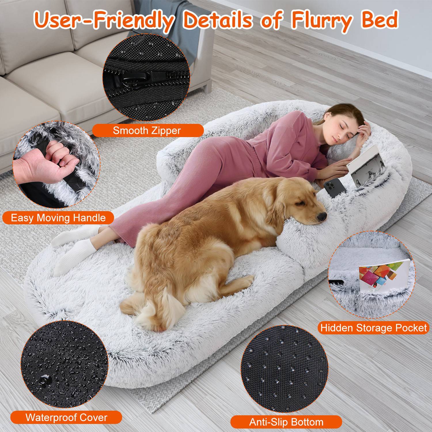 1Pc Large Foldable Human Size Dog Bed With Pillow Blanket Flurry Plush Napping Human-Sized Dog Bed Machine Washable Zipped Removable Cover For Pets Kids Adults Grey 71x45x10in - Imagen 6