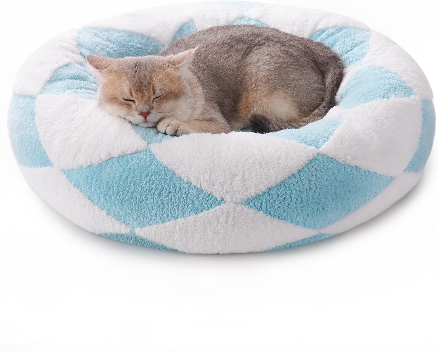 MEWOOFUN Donut Cat Bed For Indoor Cats - Round Washable Plush Pet Bed With Jacquard Shaggy Fabric & Non-Slip Bottom, Calming Small Dog Bed For Puppy & Kitten, 23 Inch Blue Check - Imagen 3