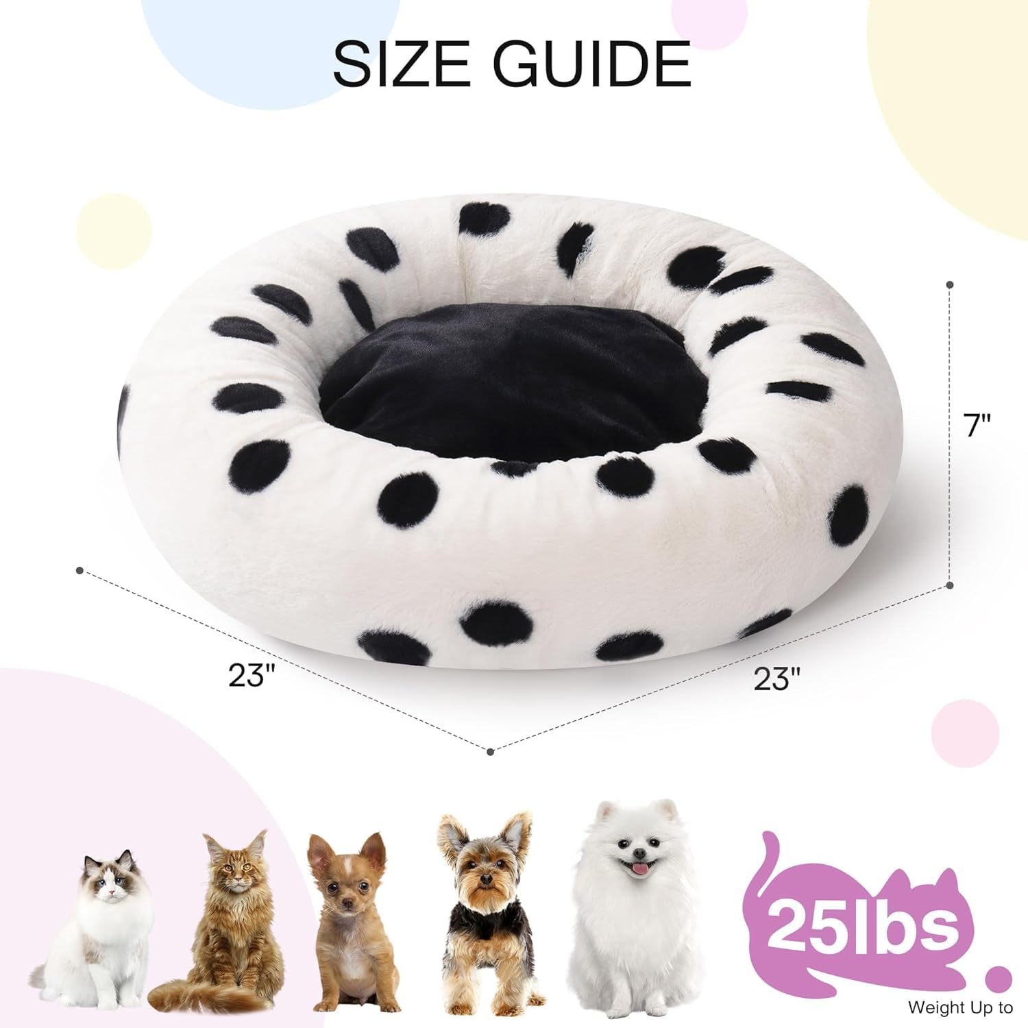 MEWOOFUN Donut Cat Bed For Indoor Cats - 23 Inch Round Washable Pet Bed With Non-Slip Bottom, Plush Fluffy Small Dog Bed For Puppies & Kittens, Black Dot - Imagen 2