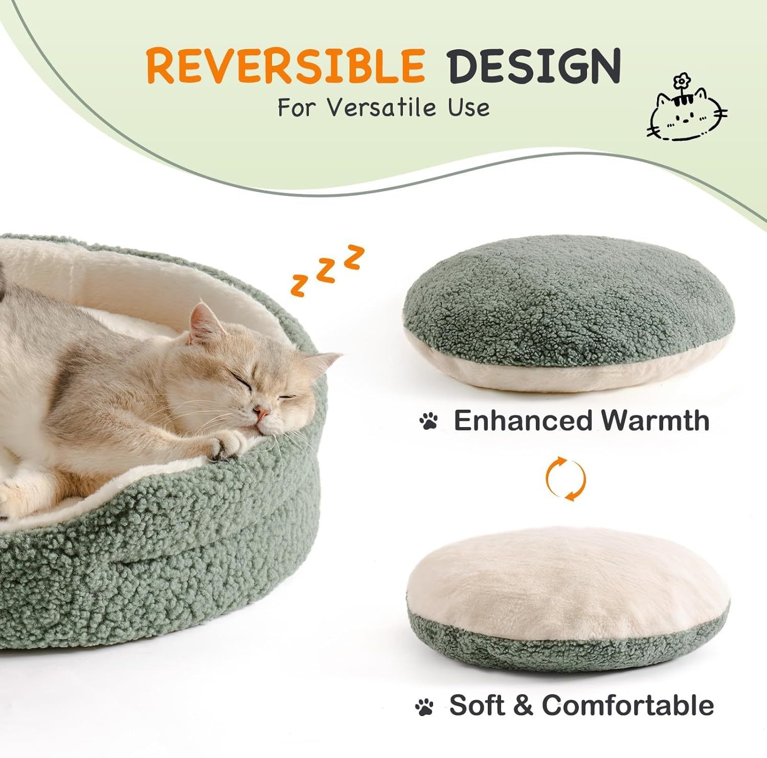 Mewoo Washable Pet Bed For Cats & Small Dogs - 23x23x7 Inch Round Orthopedic Bed With Non-Slip Bottom, Plush Indoor Cat Bed For Kittens & Puppies, Sage Green - Imagen 4