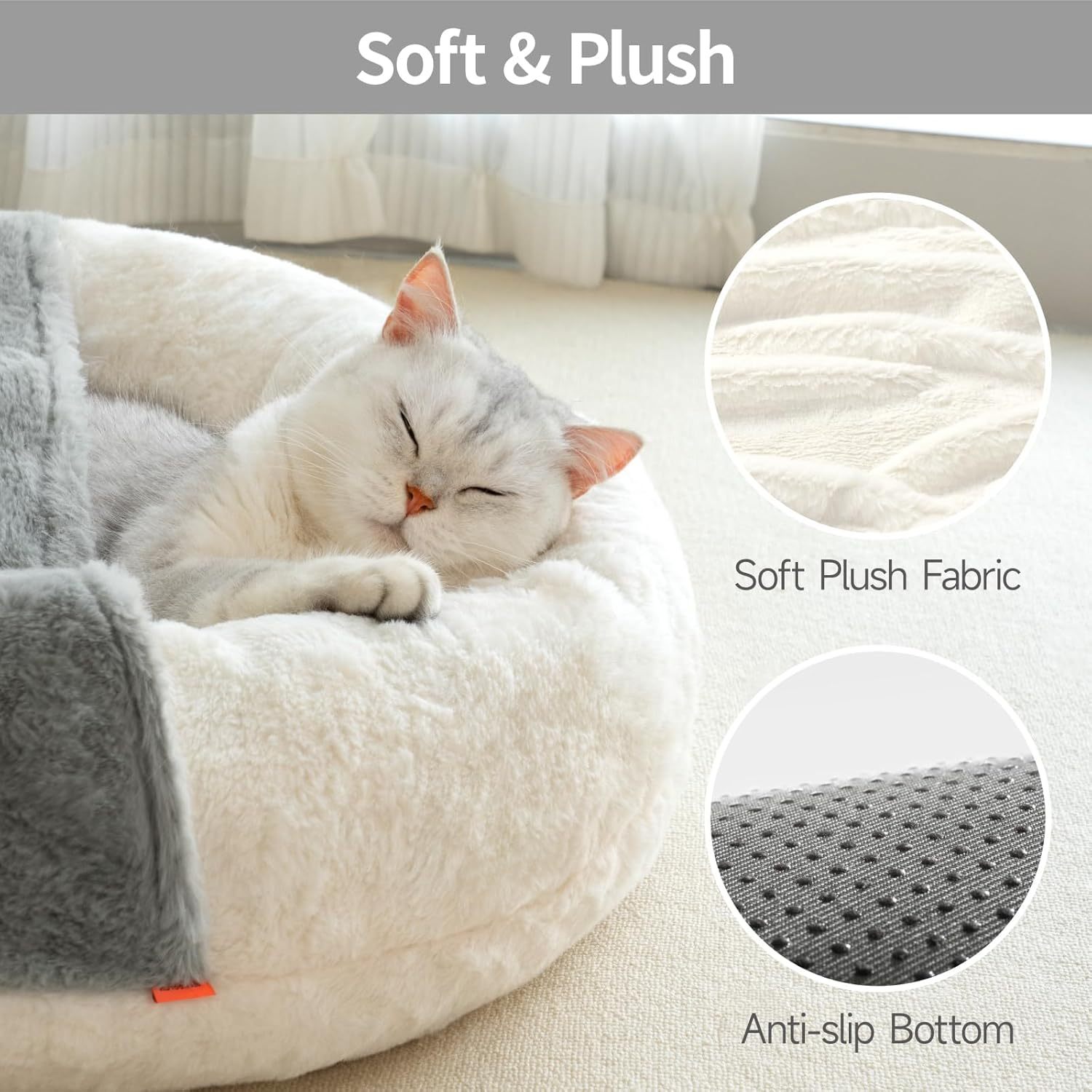 MEWOOFUN Enclosed Cat Bed Cave - Washable Pet Bed With Blanket & Non-Slip Base For Cats & Small Dogs 22'' X 22'', White - Imagen 4