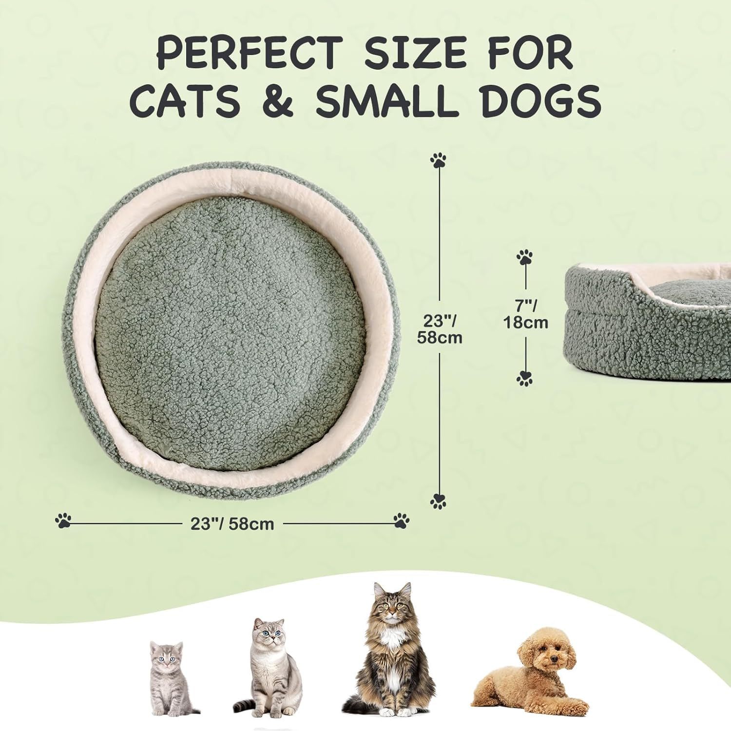 Mewoo Washable Pet Bed For Cats & Small Dogs - 23x23x7 Inch Round Orthopedic Bed With Non-Slip Bottom, Plush Indoor Cat Bed For Kittens & Puppies, Sage Green - Imagen 2