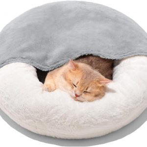 MEWOOFUN Enclosed Cat Bed Cave - Washable Pet Bed With Blanket & Non-Slip Base For Cats & Small Dogs 22'' X 22'', White